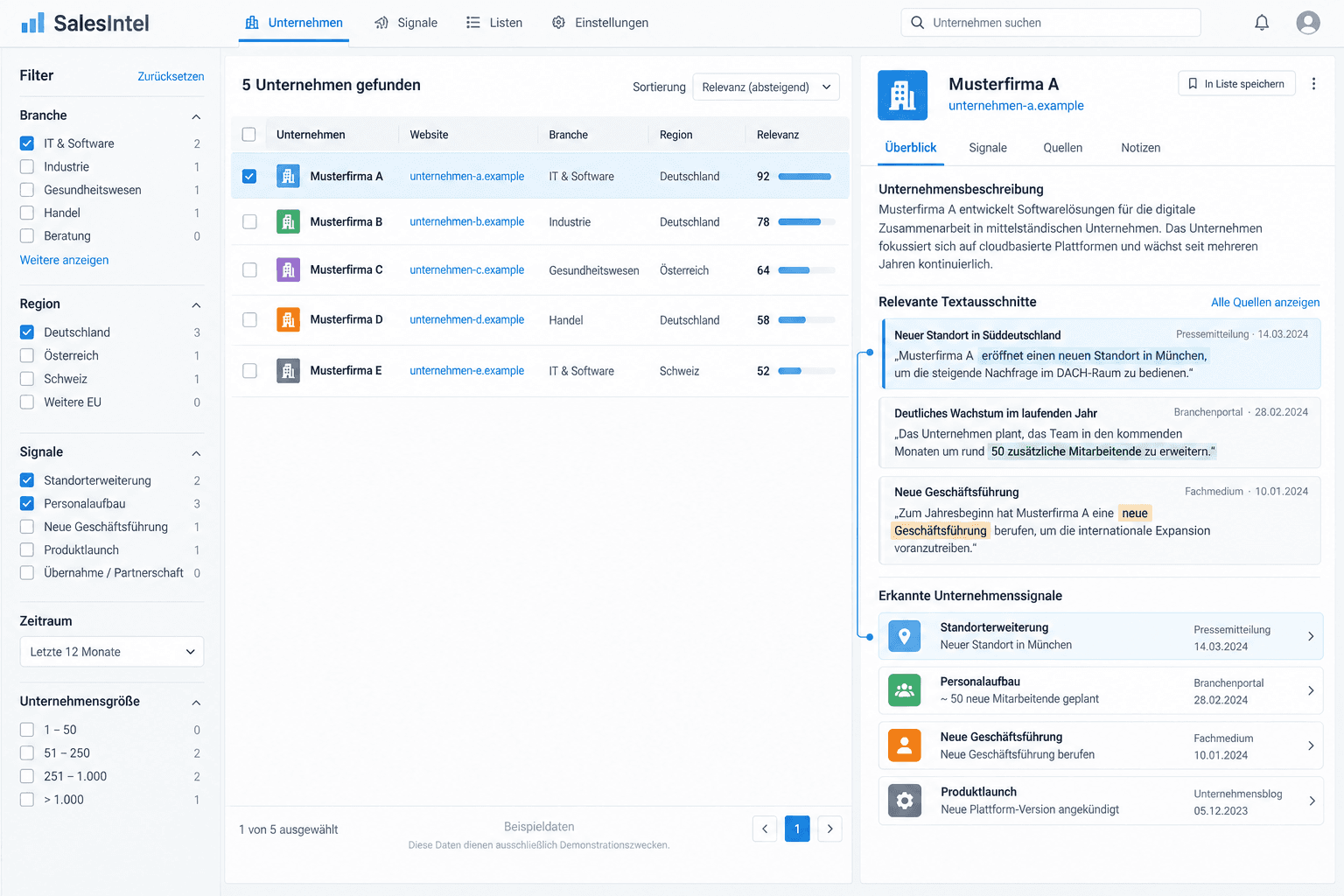 Light sales intelligence interface showing company filters, search results and a company profile with highlighted source excerpts and detected business signals.